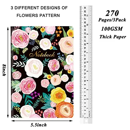 3 Pack A5 Notebook - Lined Journal Notebooks, 8'' x 5'', 270 Pages/Pack, 100gsm Thick Paper, Classic College Ruled Notebooks for Office, School Supplies