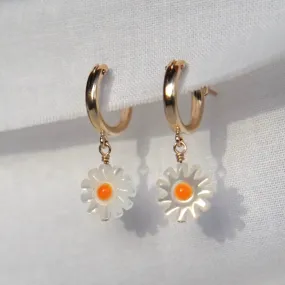 Chamomile Flower Mother of Pearl Huggie Hoop Earrings