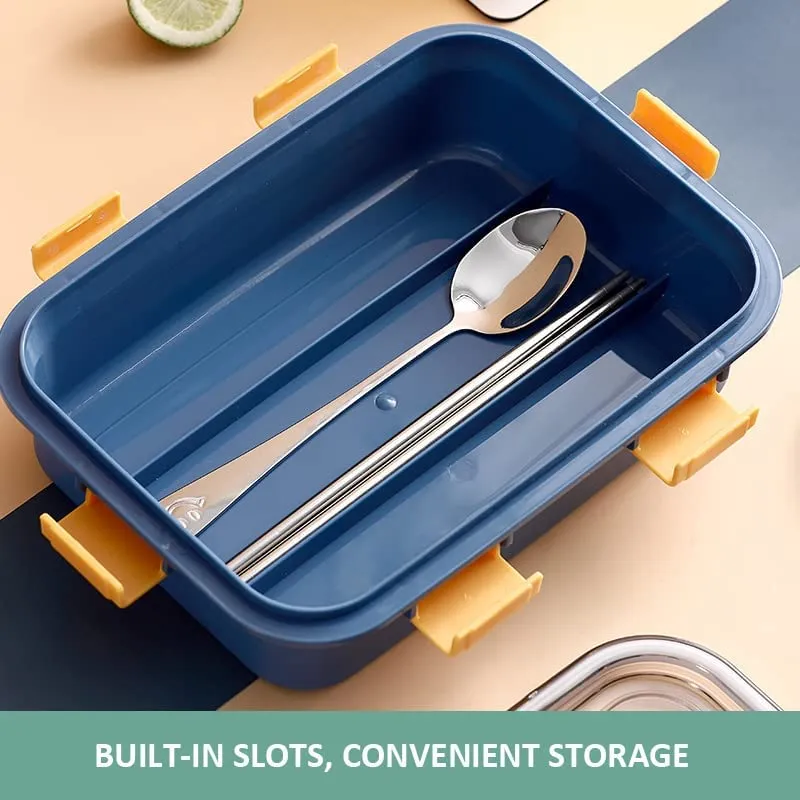 Lunch Box Compartment Stainless Steel with Spoon, for School, Lunch Box for Kids, Lunch Box for School & Office with a Fork, a Spoon and a Pair of Chopsticks