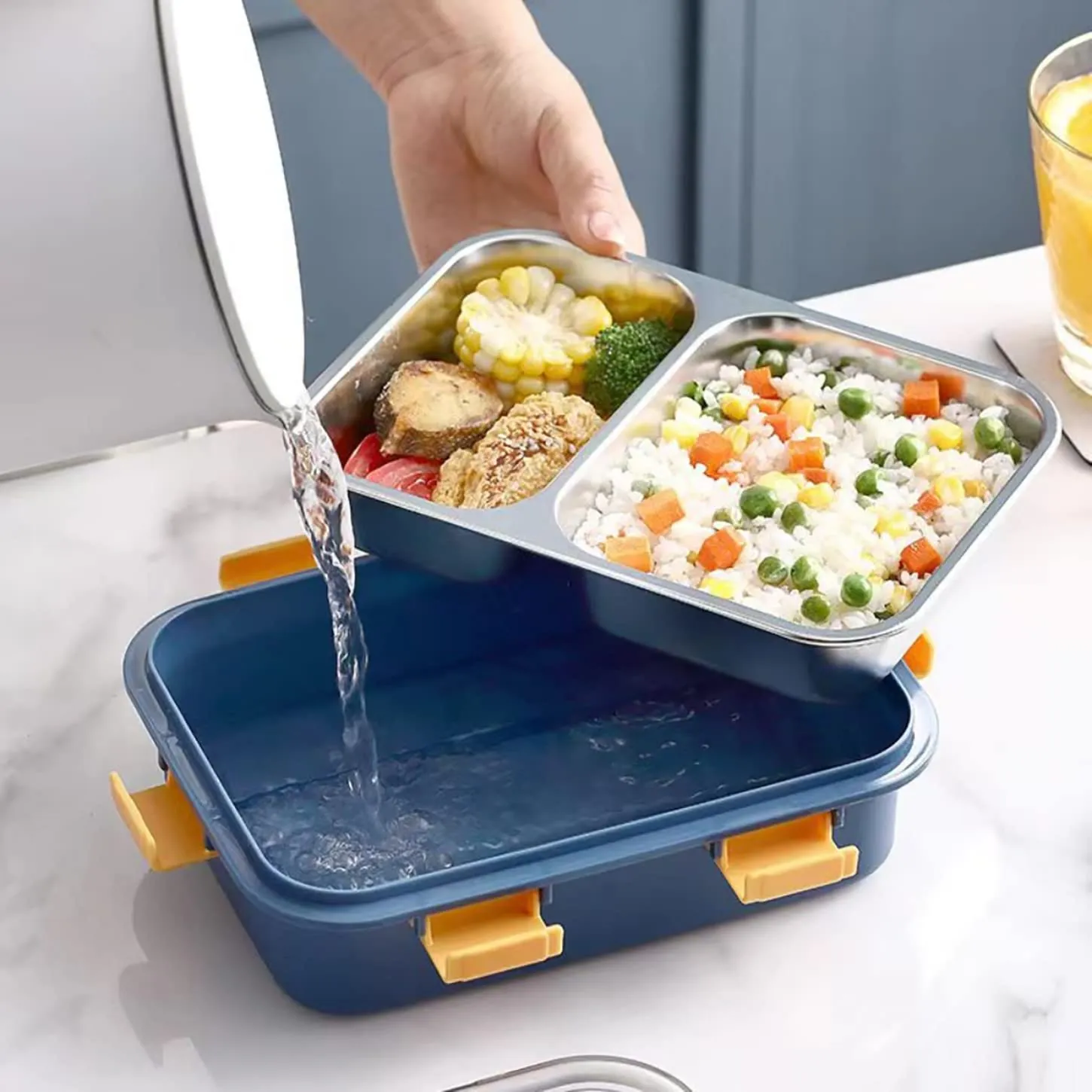 Lunch Box Compartment Stainless Steel with Spoon, for School, Lunch Box for Kids, Lunch Box for School & Office with a Fork, a Spoon and a Pair of Chopsticks