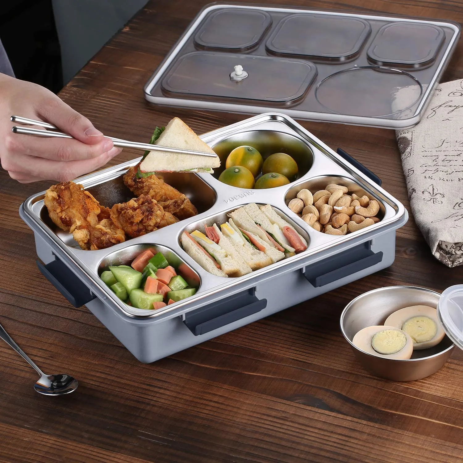 Lunch Box Compartment Stainless Steel with Spoon, for School, Lunch Box for Kids, Lunch Box for School & Office with a Fork, a Spoon and a Pair of Chopsticks