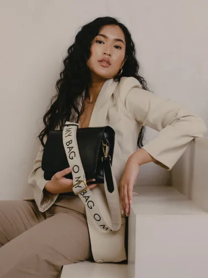 O My Bag - White/Black Canvas Logo Strap Long