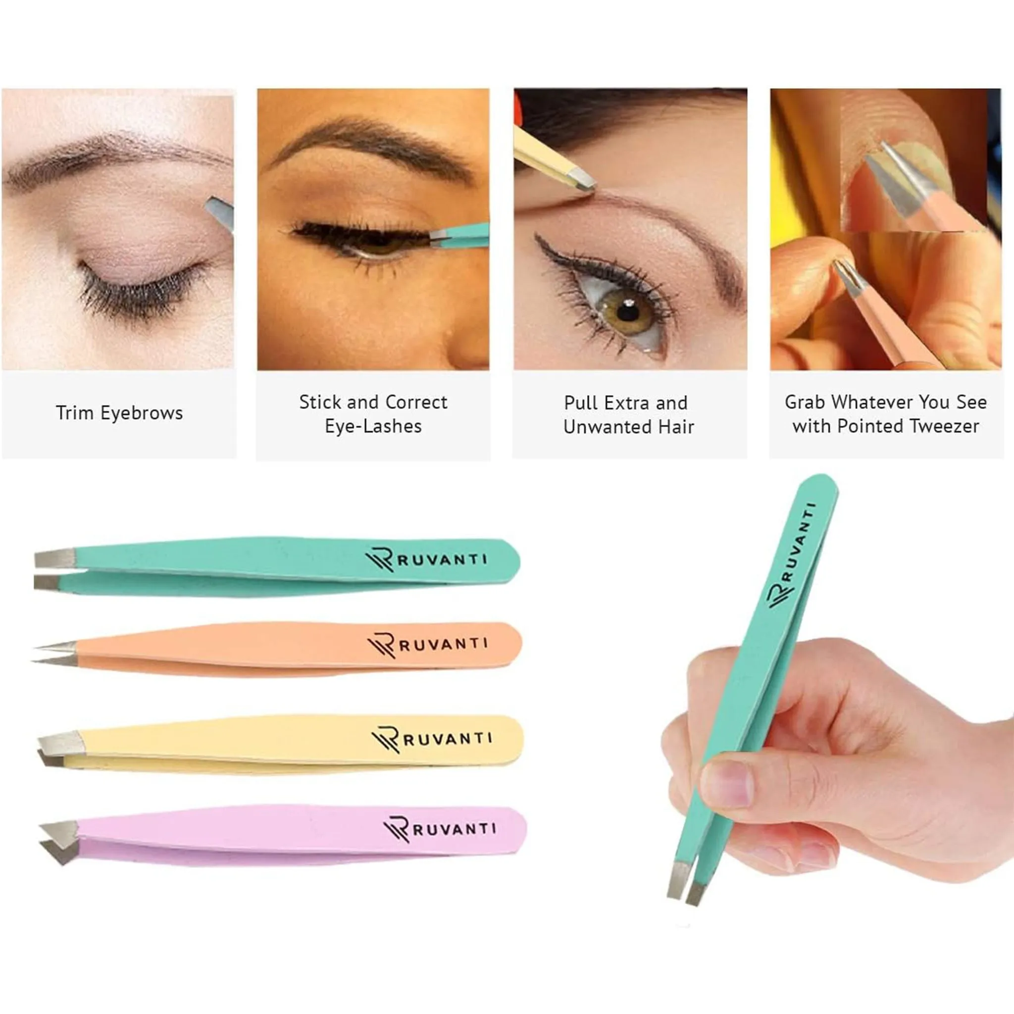 Professional Stainless Steel Tweezers Set by Ruvanti (4 Piece) - Multi
