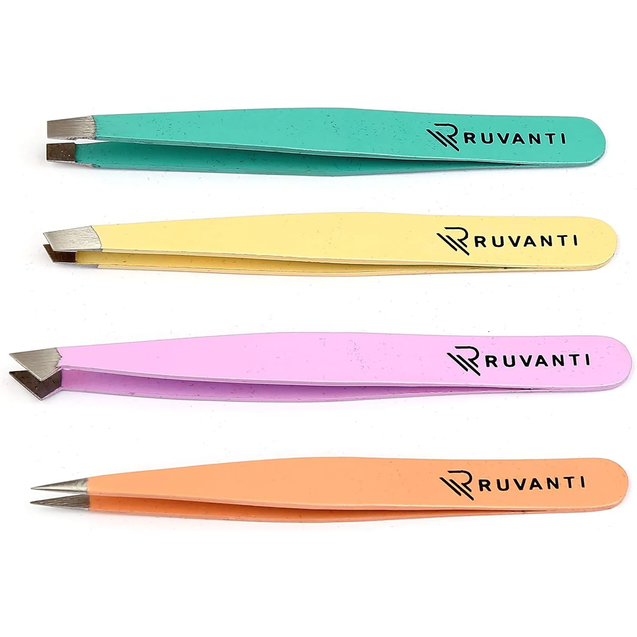 Professional Stainless Steel Tweezers Set by Ruvanti (4 Piece) - Multi