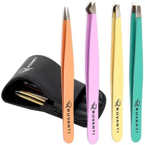 Professional Stainless Steel Tweezers Set by Ruvanti (4 Piece) - Multi