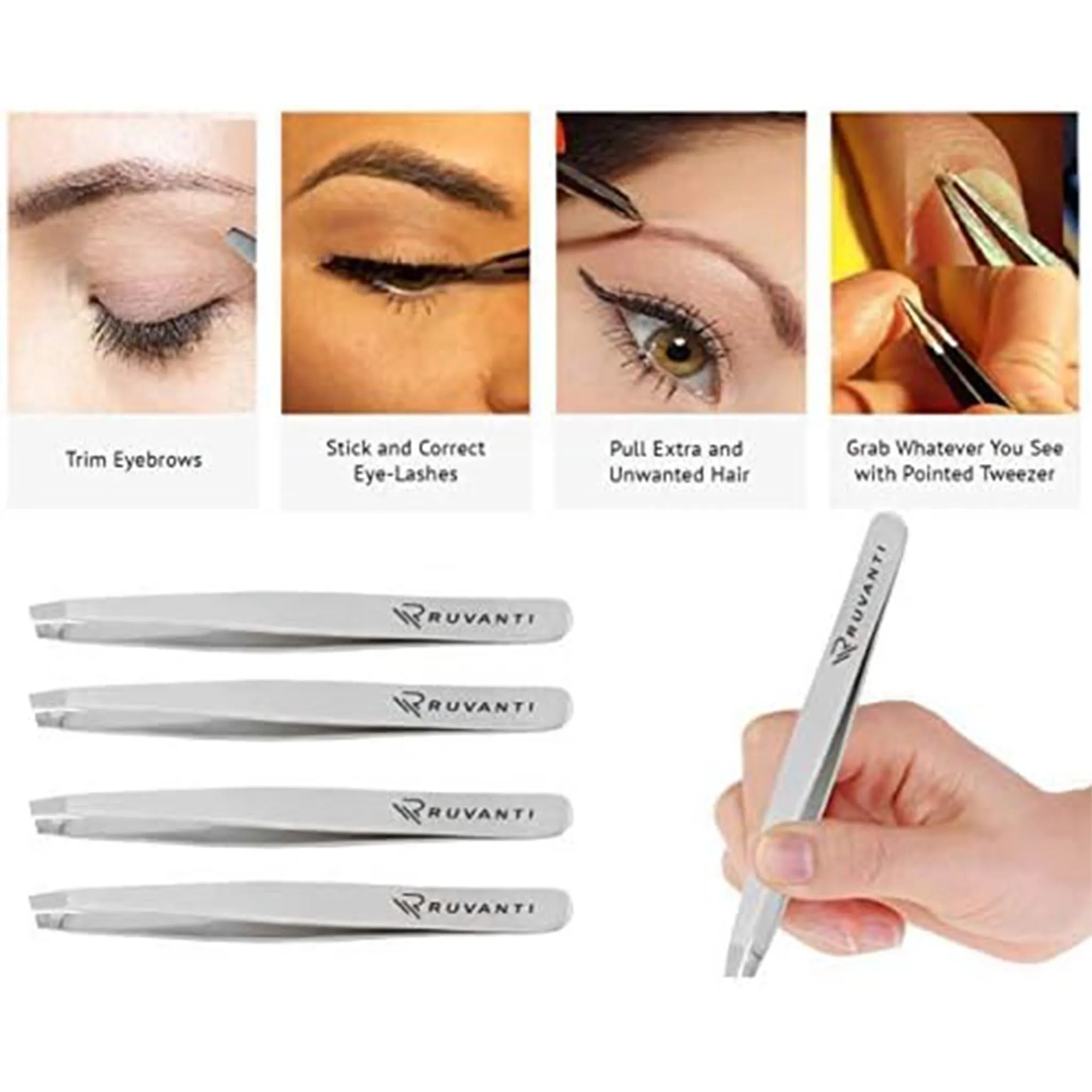 Professional Stainless Steel Tweezers Set by Ruvanti (4 Piece) - Silver