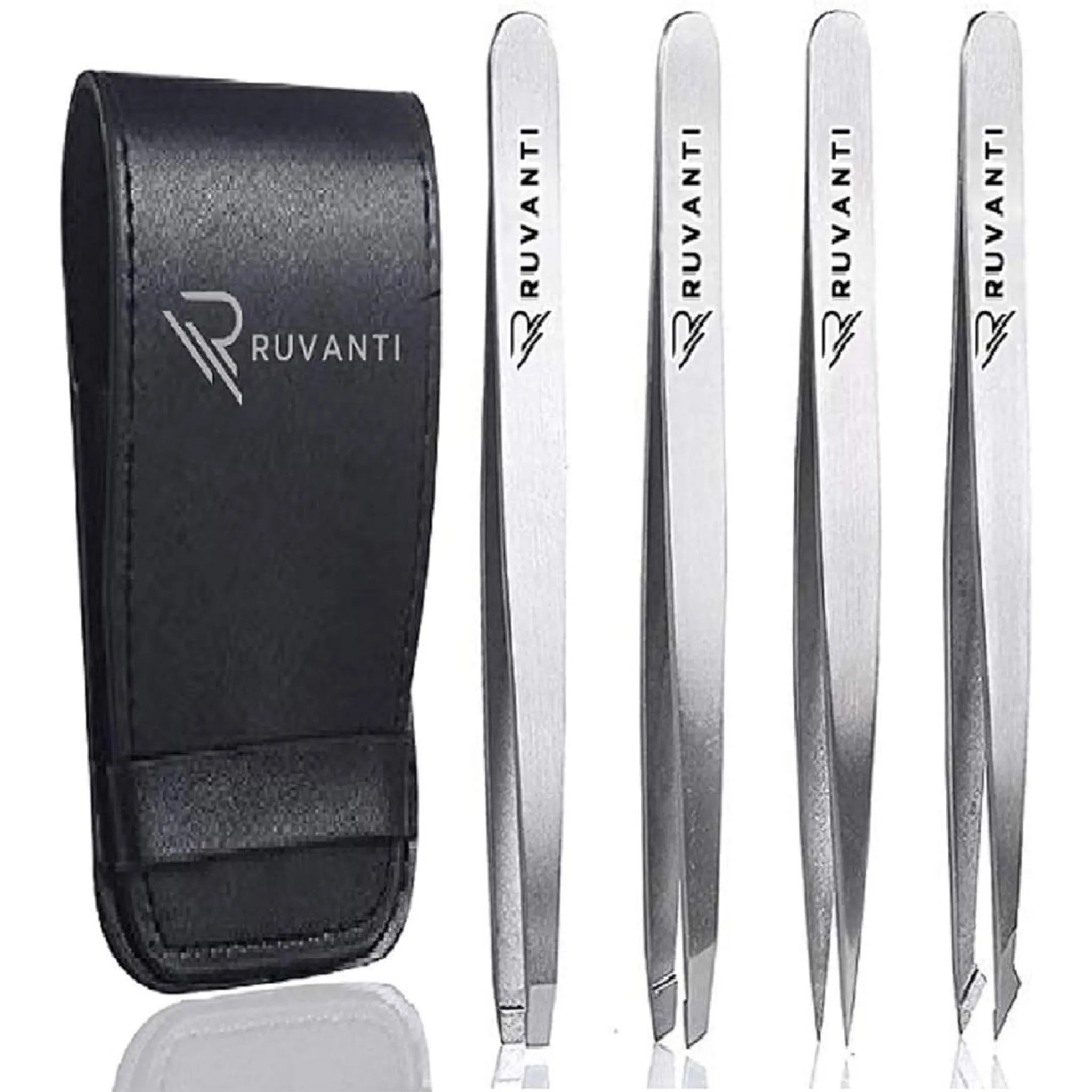 Professional Stainless Steel Tweezers Set by Ruvanti (4 Piece) - Silver