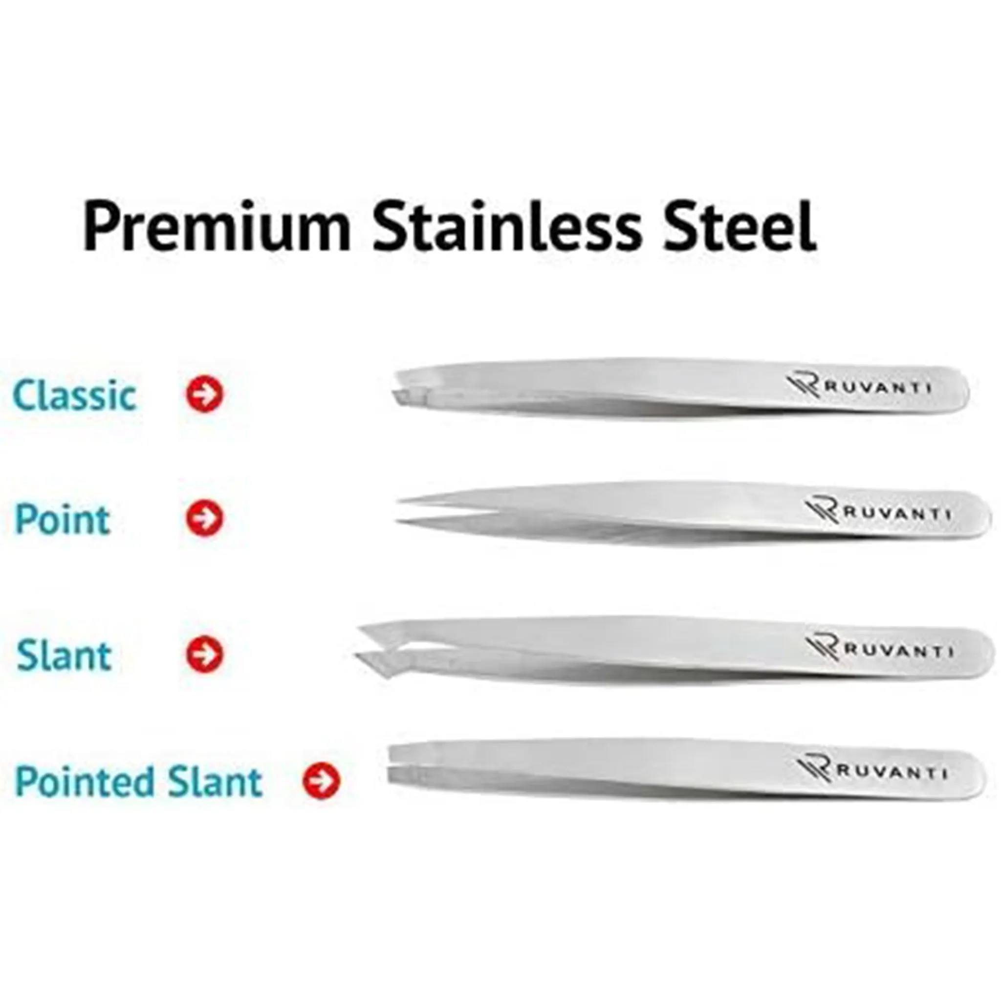 Professional Stainless Steel Tweezers Set by Ruvanti (4 Piece) - Silver