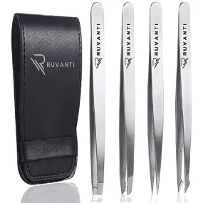 Professional Stainless Steel Tweezers Set by Ruvanti (4 Piece) - Silver