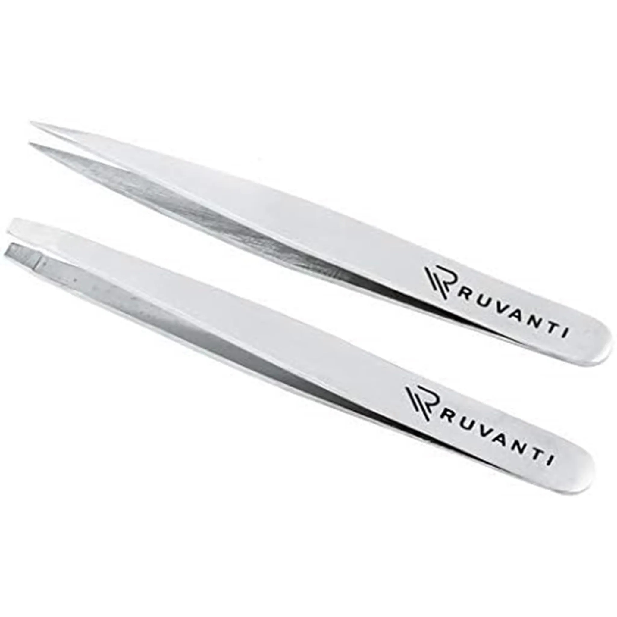 Professional Stainless Steel Tweezers Set by Ruvanti (4 Piece) - Silver