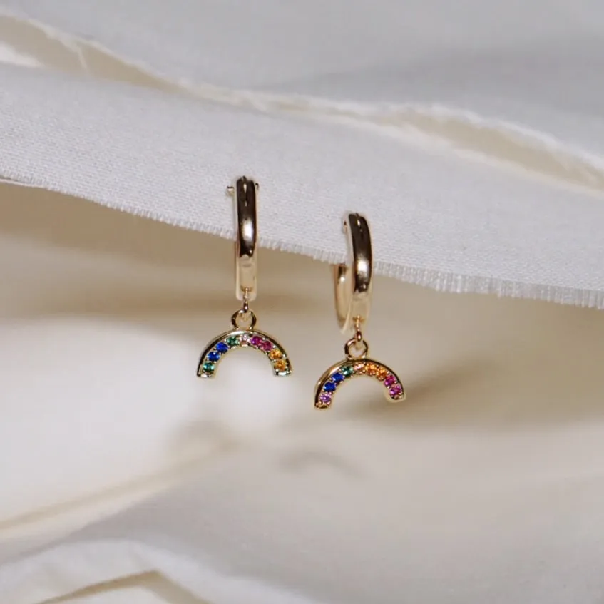 Rainbow CZ Huggie Hoop Earrings